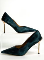 Blue high heel shoes with crystal details at the back